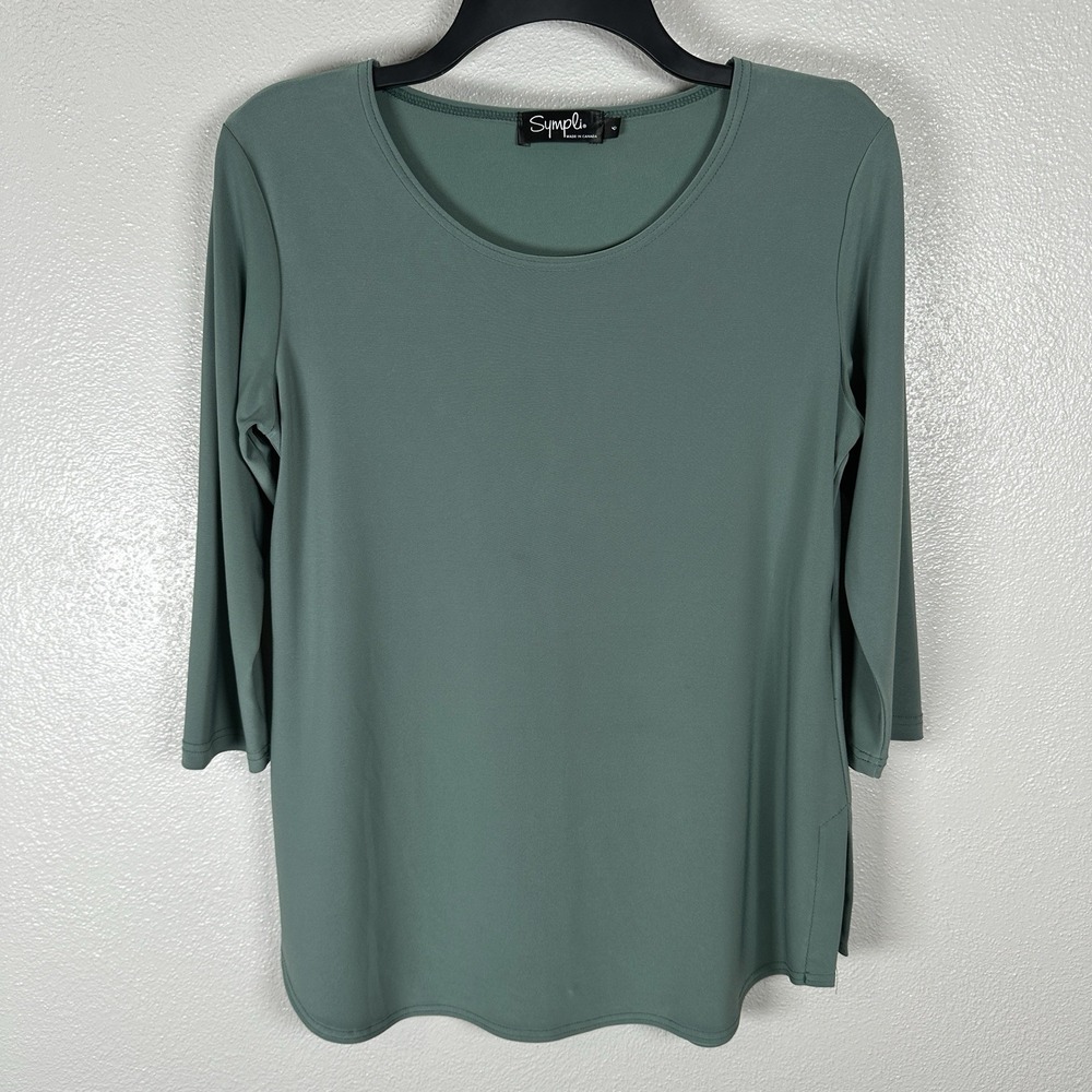 Sympli Jersey Knit Tunic Top Womens Sz 6 Green 3/4 Sleeves Minimalist Scoop Neck